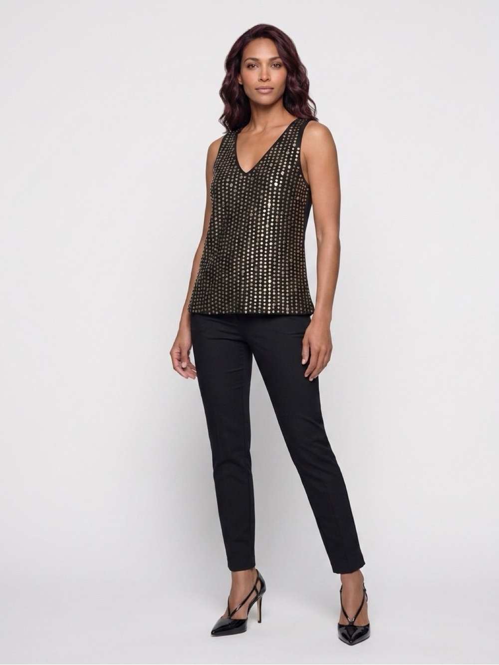 Black V-Neck Tank with Gold Stud Embellishment